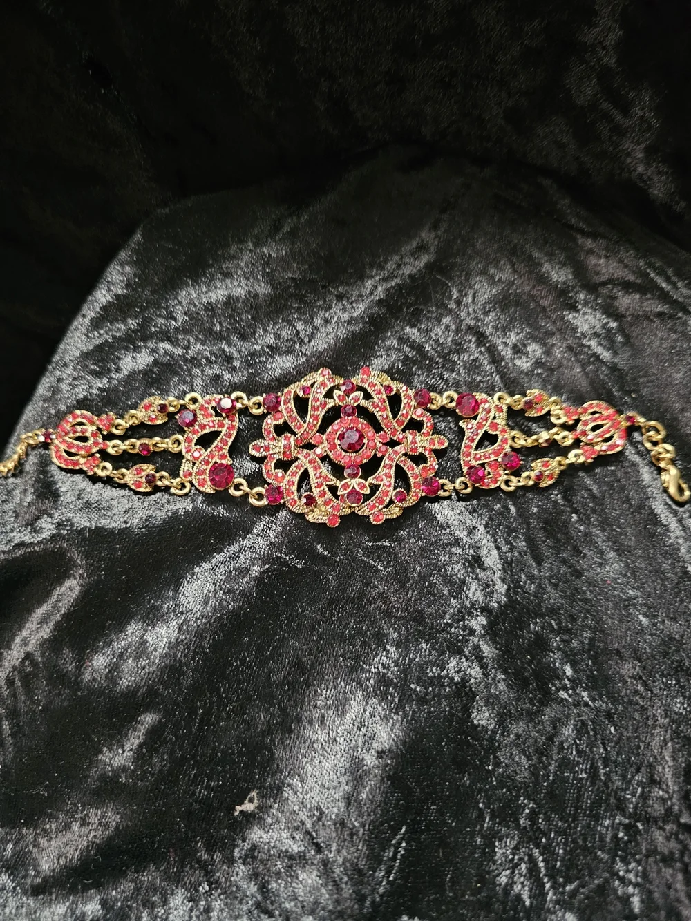 Gold-Tone Red Crystal Filigree Statement Bracelet